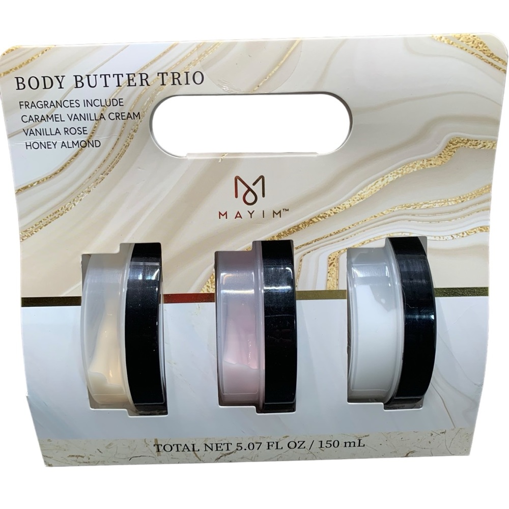 MAYIM Body Shea Butter Trio 5.07 Oz Caramel Vanilla, Vanilla Rose, Honey Almond